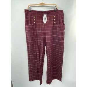 Unique Vintage Sailor Ginger Pants Women 2X 20-22W Burgundy Windowpane Plaid NWT